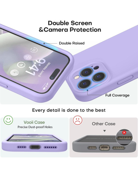 Detaljvy av lila gummiskal för iPhone 12 Pro som visar kameraskydd och portöppningar