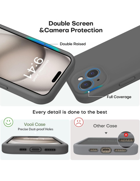 Grått gummiskal för iPhone 14 Plus med kameraskydd, visat från sidan med fokus på detaljer och skyddsfunktioner