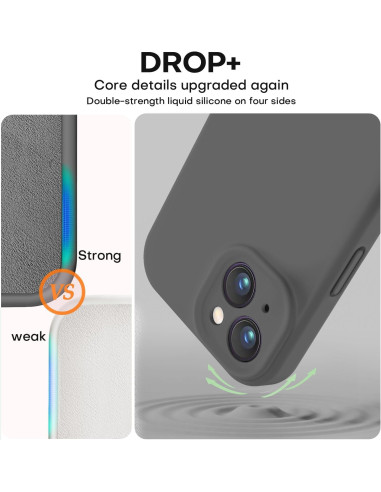 Detaljvy av grått gummiskal för iPhone 14 Plus som visar materialens styrka och kameraskyddet