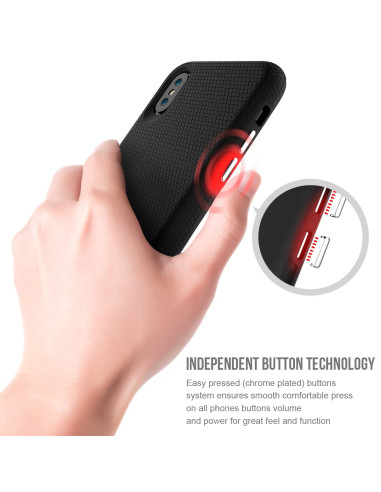 iPhone X stöttåligt skal i mesh, hålls i hand med fokus på knapparnas design och funktionalitet