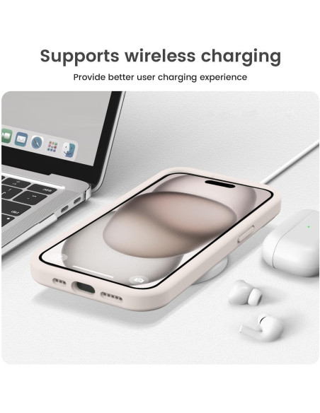 iPhone 12 skal i retrovit som stödjer trådlös laddning, visat med tillbehör i bakgrunden