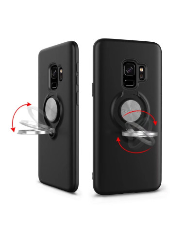 Mattsvart skal för Samsung A8 2018 med ringhållare, visat från baksidan och sidan