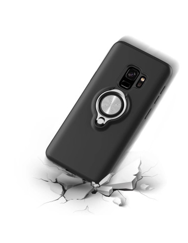 Mattsvart skal för Samsung A8 2018 med ringhållare, sett från baksidan med detalj av ringhållaren