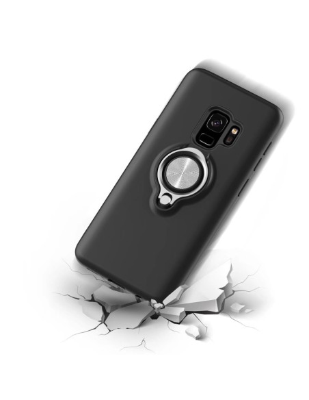 Mattsvart skal för Samsung A8 2018 med ringhållare, sett från baksidan med detalj av ringhållaren