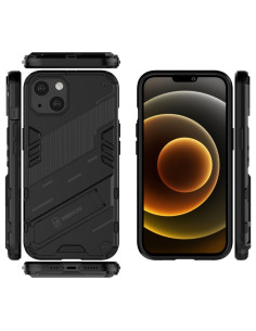 Svart stöttåligt skal för iPhone 16 med kickstand, visat framifrån och bakifrån 2