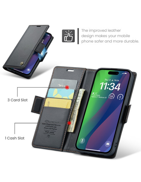Svart Skin Pro fodral för iPhone 16 med öppet lock och tre kortfack, detaljerad vy inuti