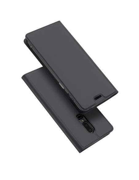 Svart flipfodral för OnePlus 6, öppet med telefon synlig inuti