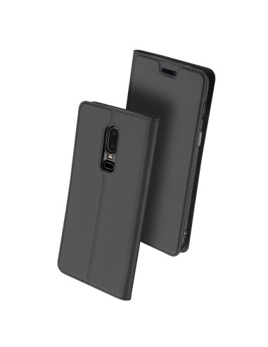 Svart OnePlus 6 flipfodral i konstläder, sett från sidan med stängd vy