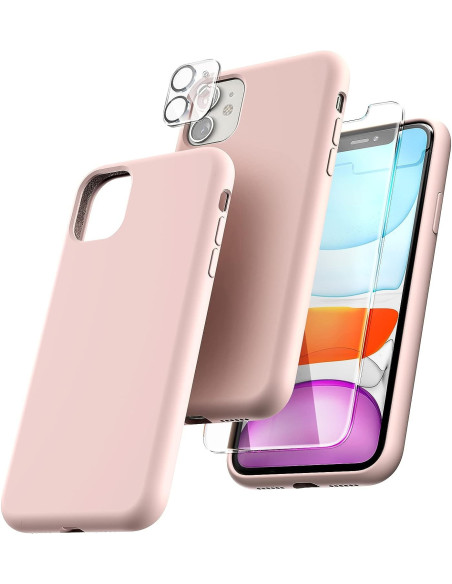Rosa gummiskal för iPhone 16 med härdat glas, visning av baksidan och knappar