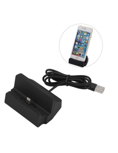 Svart laddningsstation USB Lightning med en iPhone monterad och kabel synlig