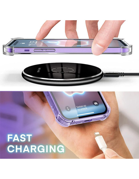 iPhone 16 Pro skal i transparent TPU, visat med trådlös laddning och detalj av skärmen