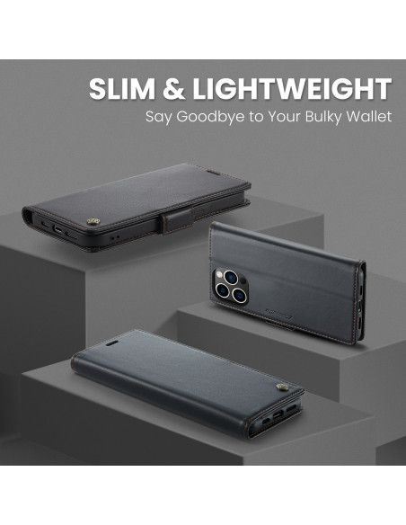 Svart Skin Pro fodral för iPhone 16 Pro sett framifrån med stängd design och synlig logotyp