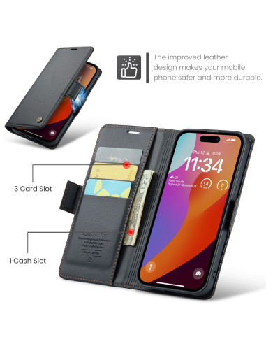 Svart Skin Pro fodral för iPhone 16 Pro med öppet läge som visar kortfack och skärm från sidan