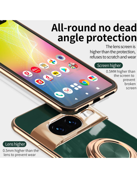 Svart Google Pixel 8a skal med ringhållare, visat i detaljvy med fokus på skärmskydd och ringens funktion