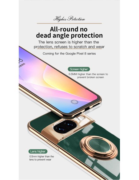 Närbild av Google Pixel 8a skal med ringhållare, fokus på skärmskydd och kamerautskärning