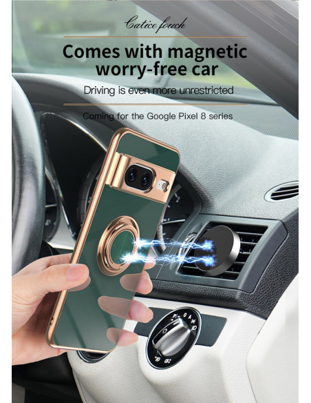 Svart Google Pixel 8a skal med ringhållare, monterat på magnetisk fäste i bil med fokus på ringens funktion