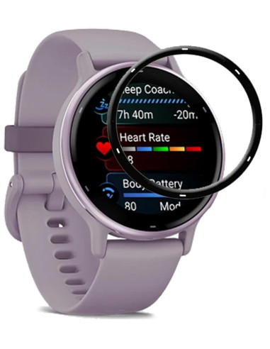 Garmin Vivoactive 5 med transparent skärmskydd, visande aktivitetsgränssnitt och detaljerad information
