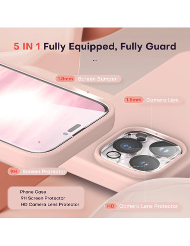 Detaljvy av rosa 3in1 gummiskal för iPhone 16 Pro som visar skärmskydd och kameraskydd