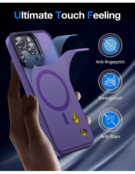 Lila iPhone 16 Pro skal med MagSafe, visat i detalj med fokus på anti-fingeravtryck och svettavvisande yta