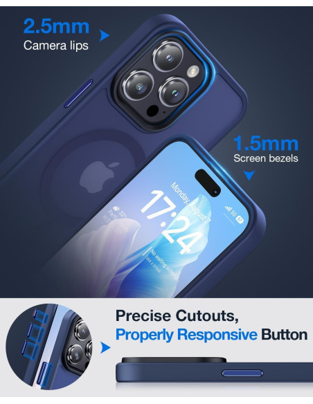 Detaljvy av blått stötdämpande skal för iPhone 16 Pro som visar kamerautskärningar och knappar