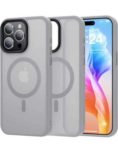 Grått stötdämpande skal för iPhone 16 Pro, visat framifrån med MagSafe-logotyp