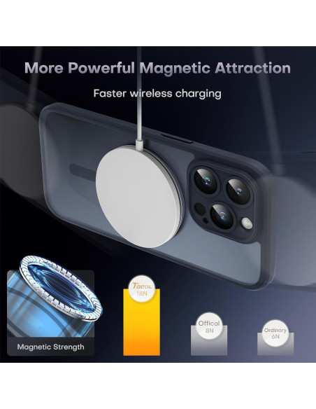 Svart iPhone 16 Pro skal med MagSafe, visat från sidan med laddningsplatta i fokus