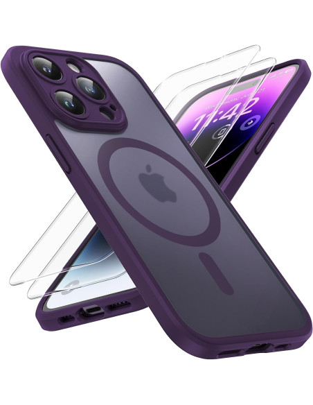 Lila 3in1 skal för iPhone 16 Pro med MagSafe, visat framifrån med härdat glas och tydlig logotyp