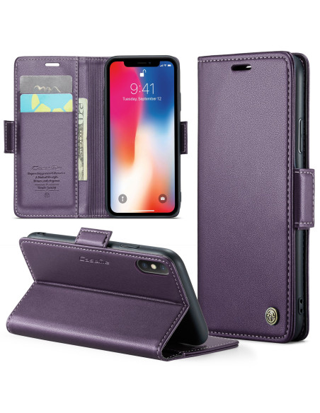 Lila CaseMe Skin Pro fodral för iPhone XS Max, stängt med kortfack och telefon synlig