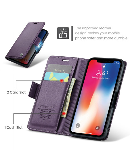 Lila CaseMe Skin Pro fodral för iPhone XS Max, öppet med kortfack och telefon synlig från sidan