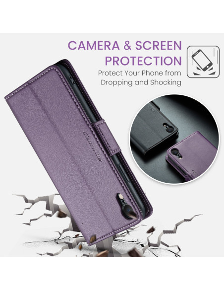Lila CaseMe Skin Pro fodral för iPhone XR, stängt med fokus på kameraskydd och kortfack