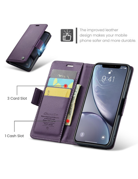 Lila CaseMe Skin Pro fodral för iPhone XR, öppet med kortfack och telefon synlig från sidan
