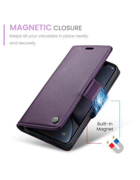 Lila CaseMe Skin Pro fodral för iPhone XR, stängt med fokus på magnetisk stängning och telefon insatt