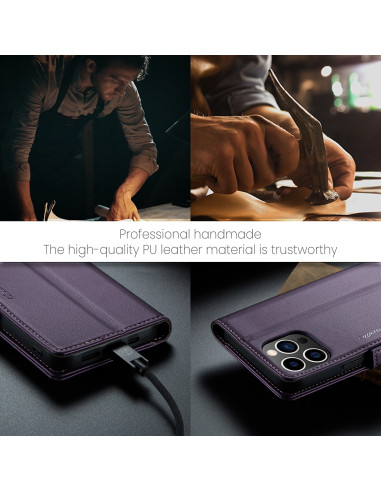 Lila Skin Pro fodral för iPhone 12 Pro Max, detaljvy med telefon ansluten till laddning och textur av konstläder