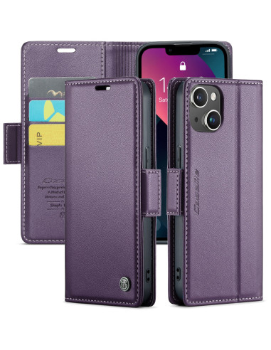 Lila Skin Pro fodral för iPhone 14 med stängt lock och kortfack, visad framifrån