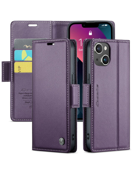 Lila Skin Pro fodral för iPhone 14 med stängt lock och kortfack, visad framifrån