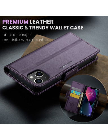 Lila Skin Pro fodral för iPhone 14 med öppet lock och kortfack, visad inifrån med telefon och kort