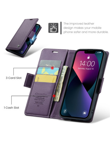 Lila Skin Pro fodral för iPhone 14 med öppet lock som visar tre kortfack och telefonens skärm