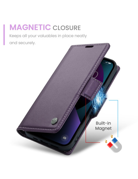 Lila Skin Pro fodral för iPhone 14 med magnetisk stängning, visad framifrån med telefon insatt