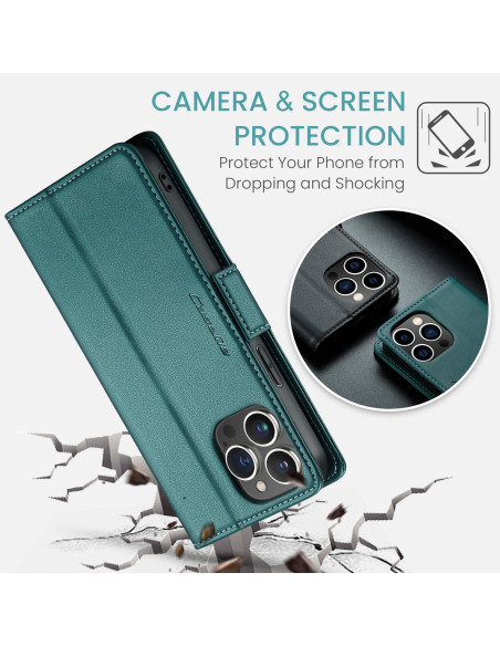 Grönt Skin Pro fodral för iPhone 13 Pro med öppet lock och telefonens baksida synlig