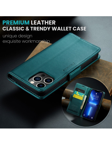 Grönt Skin Pro fodral för iPhone 13 Pro med öppet lock och kortfack i detaljvy