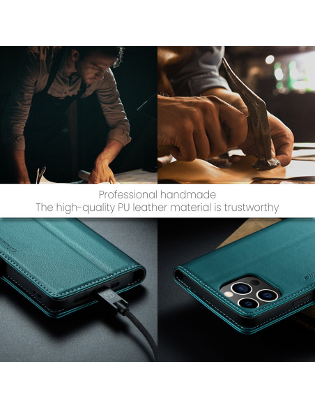 Grönt Skin Pro fodral för iPhone 13 Pro med fokus på detaljer och laddningsport i användning