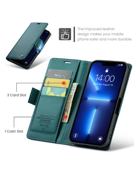 Grönt Skin Pro fodral för iPhone 13 Pro med öppet lock som visar kortfack och telefonens skärm i detaljvy