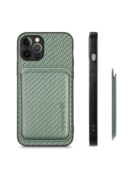 Grön iPhone 12 Pro Max skal med kortfack, vy från sidan som visar magnetisk korthållare