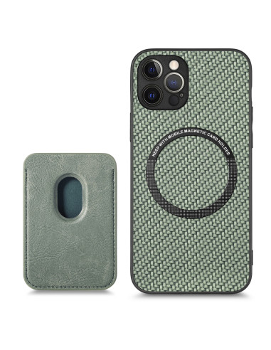 Grön iPhone 12 Pro Max skal med magnetisk korthållare, närbild av skal och korthållare