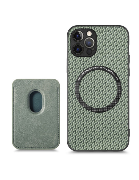 Grön iPhone 12 Pro Max skal med magnetisk korthållare, närbild av skal och korthållare