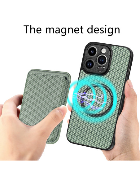 Grön iPhone 13 Pro Max skal med magnetisk korthållare, visad med fokus på magnetens design och texturen