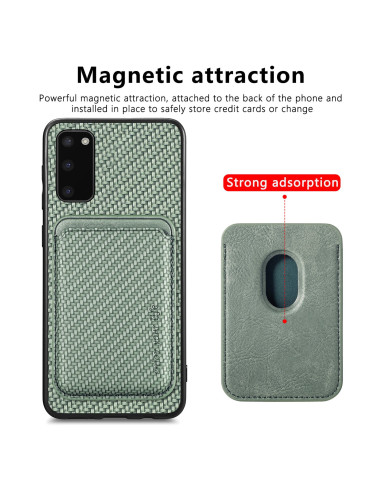 Detaljvy av det gröna skalet för Samsung S20 Plus med magnetisk korthållare och textur