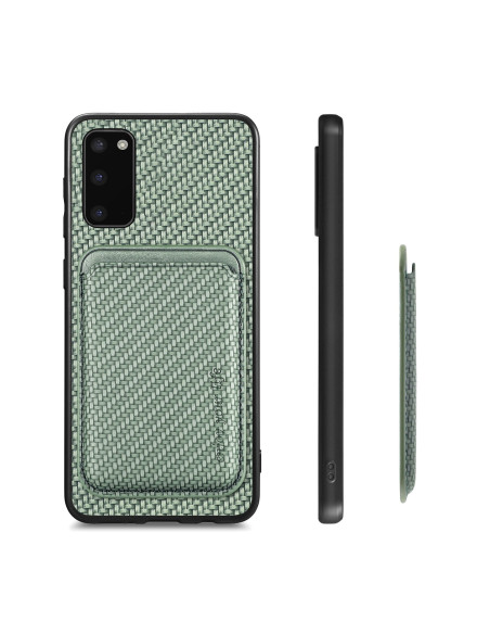 Framifrån vy av det gröna stöttåliga skalet för Samsung S20 Plus med magnetisk korthållare