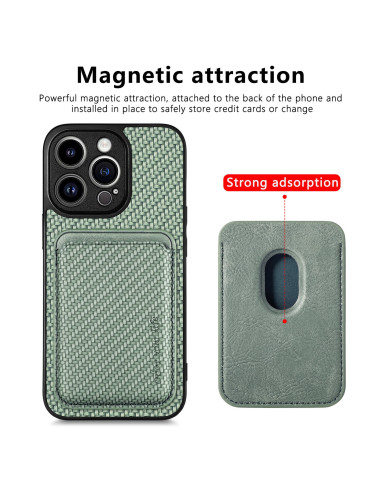 Grön iPhone 14 Pro Max skal med magnetisk korthållare, sett bakifrån med fokus på kortfacket