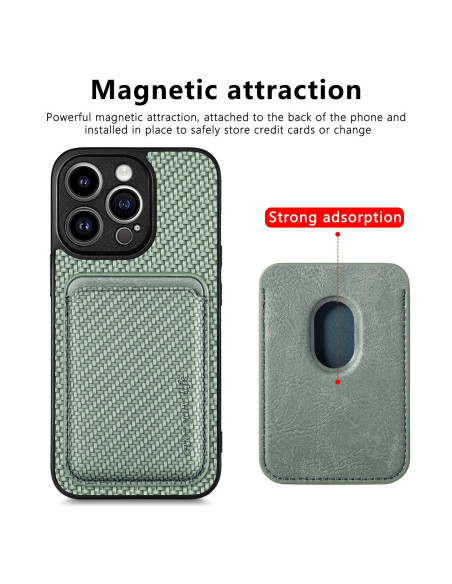 Grön iPhone 14 Pro Max skal med magnetisk korthållare, sett bakifrån med fokus på kortfacket